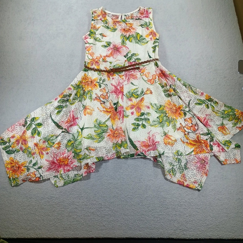Knit Works Girls Handkerchief Hem Dress Floral Lace White Size 14 Belted